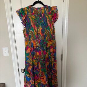 Sugarlips V-Neck Tropical Multi Sunfire Sleeveless Smocked Bodice Midi Dress